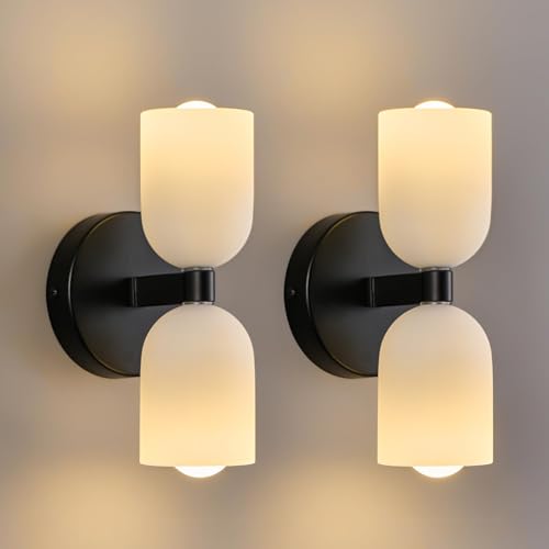 Image of Black Wall Sconces Set of Two Modern LED Bedside Reading Wall Light Fixture with Glass Wall Lamp for Bedroom Living Room Dining Room Reading Room Hallway(2-Light)