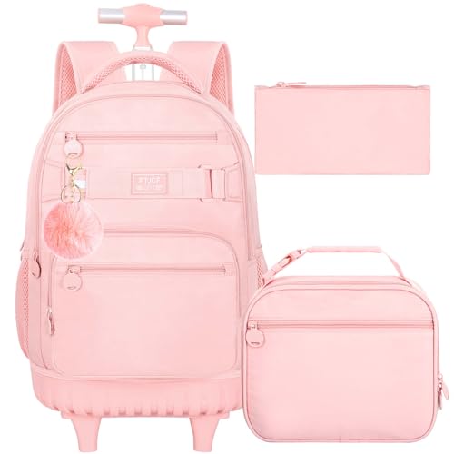 HPJGD 3PCS Girls Rolling Backpack, Womens Pink School Backpacks with Wheels, Water Resistant Roller Kids Wheeled Bookbag Set