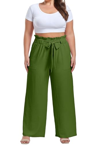 Image of OLRIK Women's Plus Size Pants Adjustable High Waisted Wide Leg Palazzo Pants Casual Trousers with Pockets Spring Clothes
