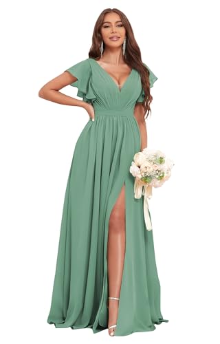 Long Bridesmaid Dresses for Women V Neck Short Sleeve Leg Slit A Line Corset Back Chiffon Maid of Honor Dress