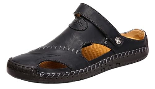 YESBOR Men's Leather Flat Sandals Summer Outdoor Beach Walking Shoes for Sports and Casual Wear Black 12 by YESBOR - Used condition - US$32.32