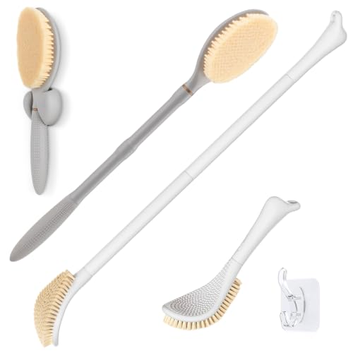 GEENOA Foot Brush & Back Scrubber Set, 27.5''Adjustable Foot Scrubber for Shower, 18.9''Shower Back Scrubber with 3-Length Usage, Great Aid for People with Limited Mobility(White+Grey)
