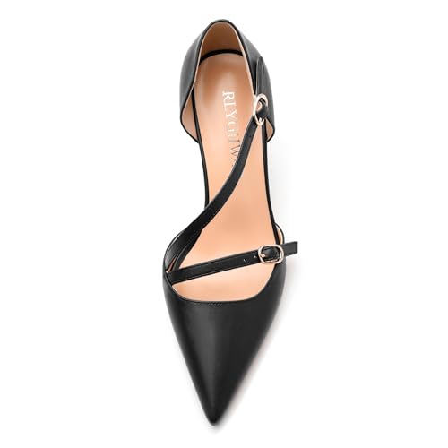Pointed Toe Stilettos - Mid Heel Pumps with Backstrap Buckle, Solid Color Dress Heels for Office, Parties & Daily Occasions3