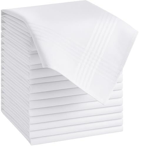 DUDU N GIRLIE Mens White Handkerchiefs Quality Cotton Gents Hankies - 12 Pack of Mans Handkerchieves Satin Border White 100% Soft Cotton Pocket Hanks