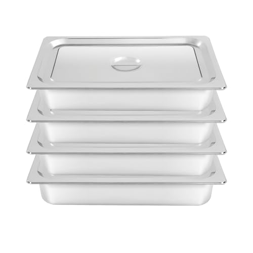 Juego de 4 sartenes de acero inoxidable con tapa, 9 l de capacidad, 10 cm de altura para gastro, buffet y hogar, inoxidable, aptas para lavavajillas, apilables