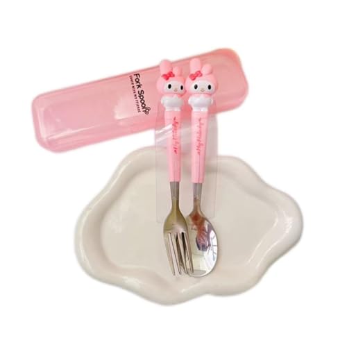 シナモロール クロミ ポムポムプリン マイメロディ スープスプーン フォーク セット 子供用 ステンレス鋼 コーヒースプーン デザートスプーン ゴールドカラー かわいい 家庭用 食事用 スプーン フォークの2点セット 収納ケース付き(A)