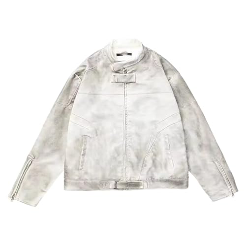 GUOYUXIAO Chaquetas de cuero retro de calle americana, chaquetas de moto de otoño para hombre-Grey-XL