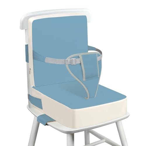 Image of Toddler Booster Seat for Dining Table with Adjustable Straps, Kids Booster Seat for Kitchen Chair with Non-Slip Bottom, PU Anti-Scratch Portable Detachable Increasing Cushion (Blue)