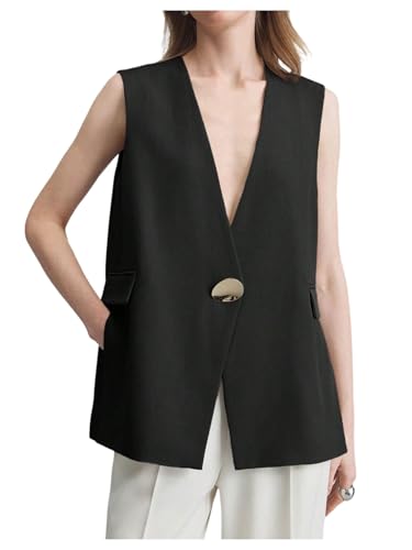 SOLY HUX Women's Sleeveless Blazer Vest Deep V Neck Split Work Office Suit Vest with Pocket