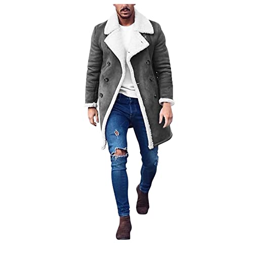 Burband Mens Casual Sherpa Fleece Lined Jackets Winter Warm Fur Collar Long Trench Coats Big and Tall Outwears Gray, Large