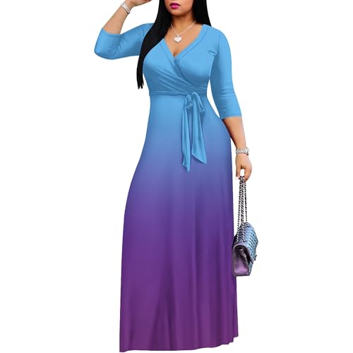Image of PinkPatty Women's Plus Size Maxi Dresses Casual Flowy 3 /4 Sleeves Dress Printed Vacation Dress for Daily Wear with Belt