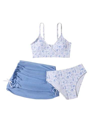 Image of WDIRARA Girl's Floral Print 3 Pieces Beach Bikini Swimsuit with Drawstring Ruched Skirt