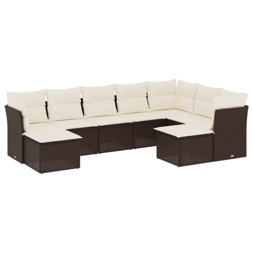 vidaXL Garten Sofa Garnitur 9-TLG., Gartenmöbel Set mit Kissen, Sitzgruppe für Garten Terrasse, Modular Gartensofa Hocker Lounge, Braun Poly Rattan