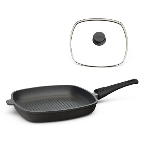 Hoffmann Grillpfanne mit Deckel 28 x 28 cm I Backofengeeignet bis 250 Grad I scharf anbraten leicht gemacht I 100% Verzugsfreier Boden