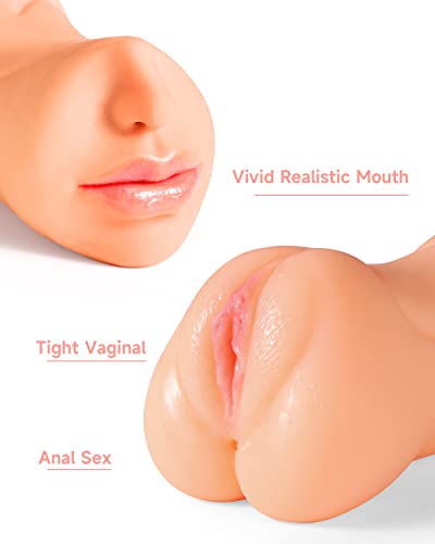 Image of 3 in 1 Male Masturbator Adult Sex Toys, Pocket Pussy with Real Mouth Tongue 3D Textured Vagina & Tight Anus & Drying Stick, Sex Doll Male Blowjob Stroker Toy for Man Masturbation (Flesh)