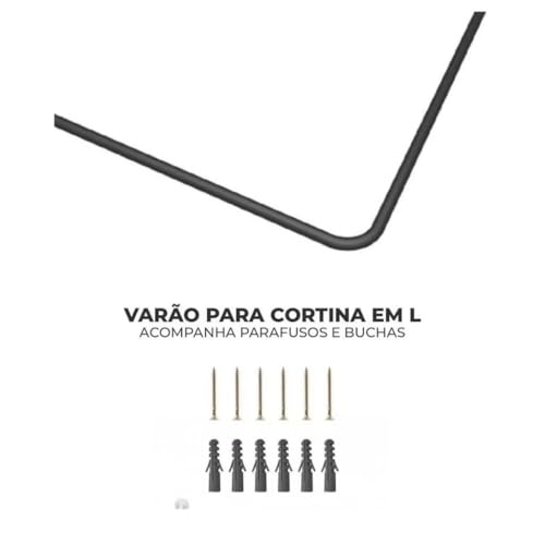 Suporte para Cortina Box de Banheiro, Alumínio Preto, Varão Curvo em L, com Flanges