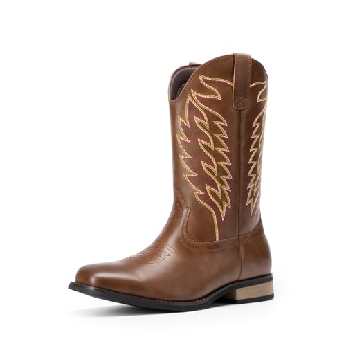 Bruno Marc Cowboy Boots for Men, Slip on Western Boots with Chic Embroidered Durable Short Retro Country Square Toe Boot,Size 11,Coffee,BMUMKB2502