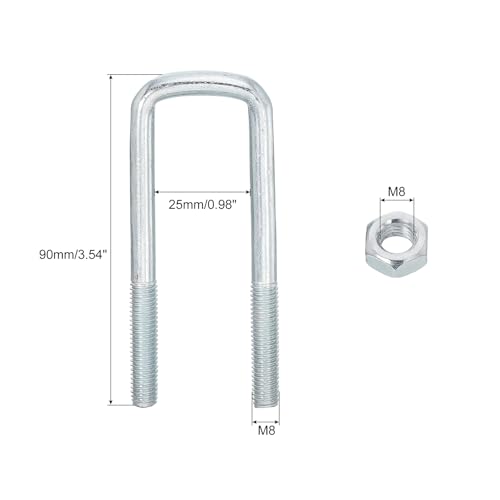 Image of uxcell Square U-Bolts, 8 Sets 25mm Inner Width 90mm Length M8 Zinc-Plated Carbon Steel U Clamp Bolt with Nuts and Plates, for Boat Trailer