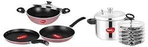 Pigeon Idly Maker 6 Plates Compatible with Induction and Gas Stove & Pigeon Basics Nons tick Cookware set, including Nonstick Dosa Tawa, Nonstick Kadai With Glass Lid, and Nonstick Frying Pan, (Pink)