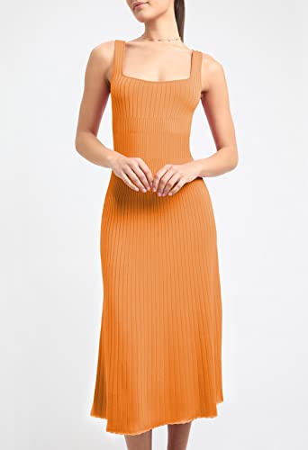 Pink Queen Women's Summer Square Neck Tank Bodycon Dresses Swing Ribbed Knitted Formal Party Club Midi Dress Orange S #TOP1