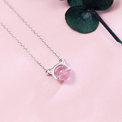 Collier chat en pierre rose et argent 925, le bijou tendre