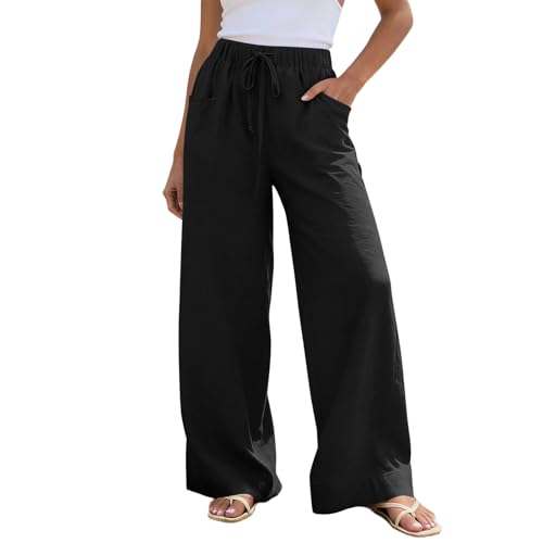 Pantalon Chandal Mujer Anchos Pantalon Deporte de Jogger Pantalones Elásticos de Cintura Alta con Cordón y Bolsillos Suaves Ligeros Pantalón de Pierna Recta Playa Vacaciones