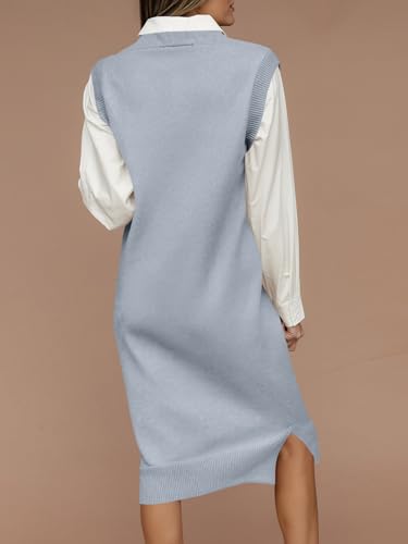 Wenrine Womens Sleeveless Sweater Vest Dress Casual Chunky Knit V Neck Loose Slit Fall Tank Midi Dresses4