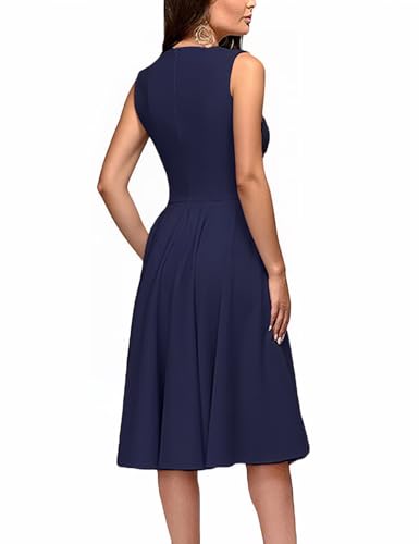 Image of FENJAR Women's Elegance Audrey Hepburn Style Ruched Dress Round Neck Sleeveless Swing Midi A-line Dresses (US, Alpha, X-Large, Regular, Regular, Navy)