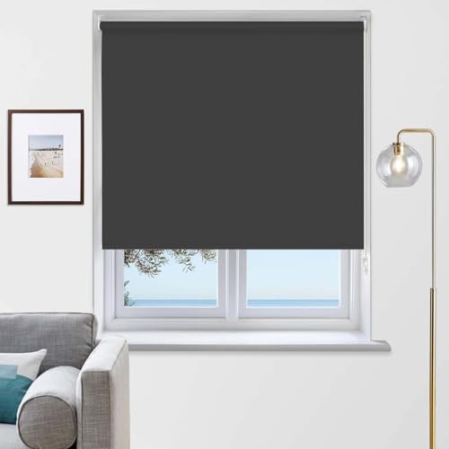 Rehan & Co Thermal Insulated Blackout Fabric Roller Blinds, Easy Fit Child Safe Trimmable UV Protection Home Office Window Blinds, Grey Blind (60cm Width X 165cm drop)