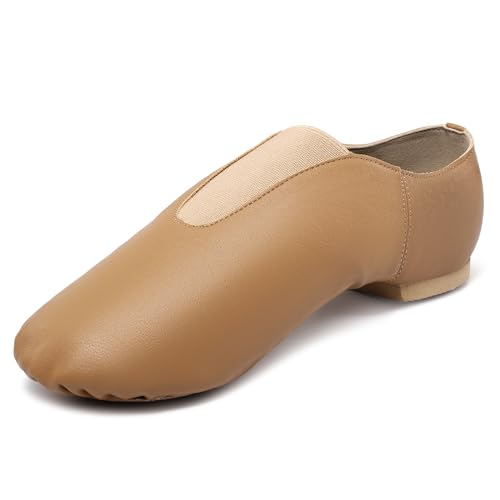 Linodes Womens Leather Upper Jazz Shoe Slip-on with Elastic Top Piece Brown 4M