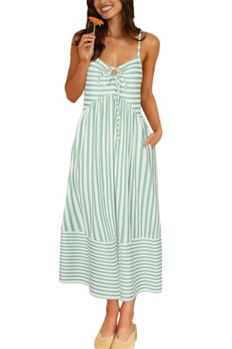 Image of Fashionme Womens Summer Maxi Dresses 2026 Trendy Striped Vacation Boho Beach Spaghetti Strap Sundress Back Tie with Pockets