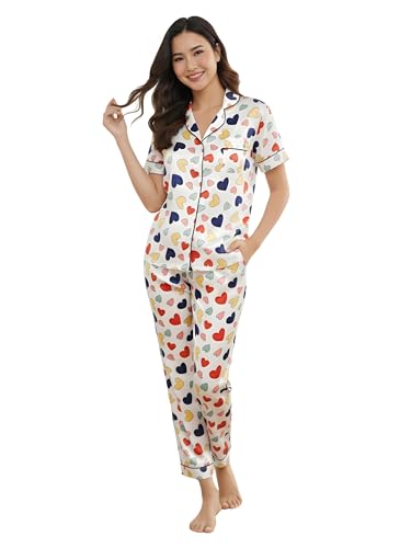 Image of Women's Lycra Heart Printed Night Suit Set of Shirt & Pajama Set Women Night Wear Set,Night Dress for Woman