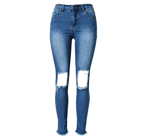 High Waist Slim Stretch Denim Ladies Ripped Trousers with Pockets