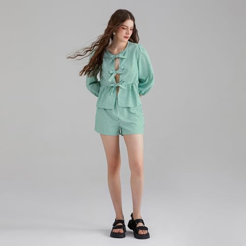 Image of Yuemengxuan Women Y2k Two Piece Plaid Lounge Sets Puff Sleeve Tie front Blouse Top High Waist Shorts Casual Pajamas Sets