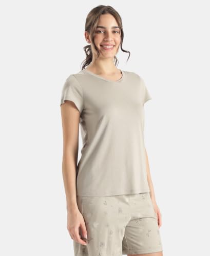 Image of Jockey RX12 Women Micro Modal Cotton Relaxed Fit Solid V Neck Half Sleeve T-Shirt