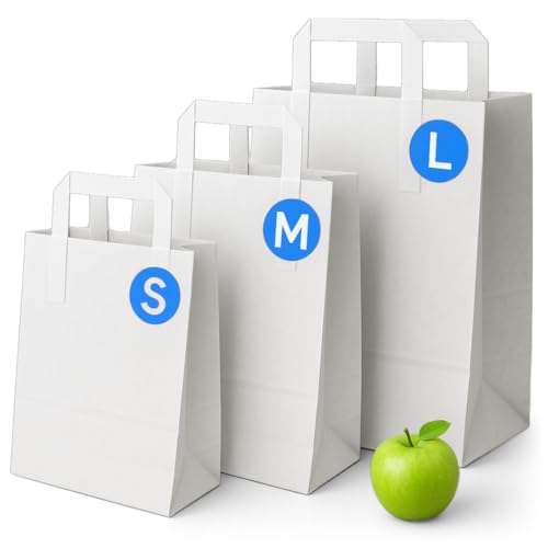 White Paper Bags with Handles - Large 12 x 10 x 5 50 Pack 70gsm Kraft Material Takeaway Lunch Grocery Shopping Gift Party