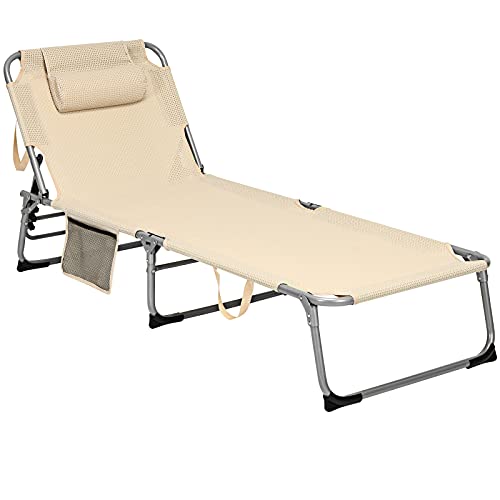 Giantex Lounge Chair Chaise Lounger, Beach Recliner With Mattress, 4 Adjustable Reclining Position, Pillow, Side Pocket For Beach, Sunbathing, Patio, Pool, Lawn, Deck Folding Camping Cot (1, Beige) #TOP15