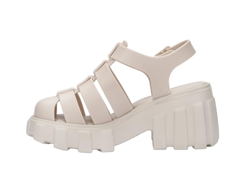 Melissa Megan Platform Jelly Heels for Women - The Iconic Original 90’s Jelly Shoe, Fisherman's Sandal with Chunky, Platform Lug-Sole Heel and Adjustable Strap and Side Buckle, Beige, 8