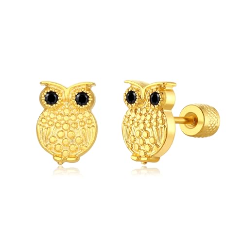 TIZU 14K Gold Vergoldete Ohrringe M&auml;dchen Hypoallergen Schraubverschluss Flache Sicherheit Ohrstecker Versch Ohrringe f&uuml;r Damen Schmuck(Eule)