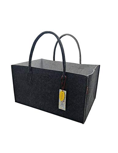 RAIKOU NEU Filztasche Shopper Holzkorb Einkaufstasche Henkeltasche Zeitungskorb Stabile Kaminholztasche Zeitungsständer auch für Spielzeug Garten Picknick Strand (Anthrazit/Grau,50 * 34 * 27cm)