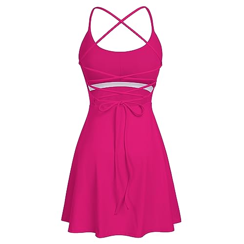 IDOPIP Womens Atheletic Tennis Dress with Built-in Bras & Shorts Sleeveless Criss Cross Back Lace Up Exercise Golf Sport Dresses for Women Rose S - Image 6