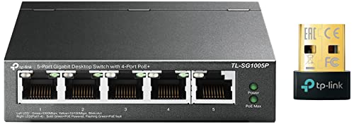 Image of TP-Link 5 Port Gigabit Desktop Switch | 4 Port PoE 56W | 802.3af Compliant | Shielded Ports | Traffic Optimization & TP-Link USB Bluetooth Adapter for PC, 5.0 Bluetooth Dongle Receiver