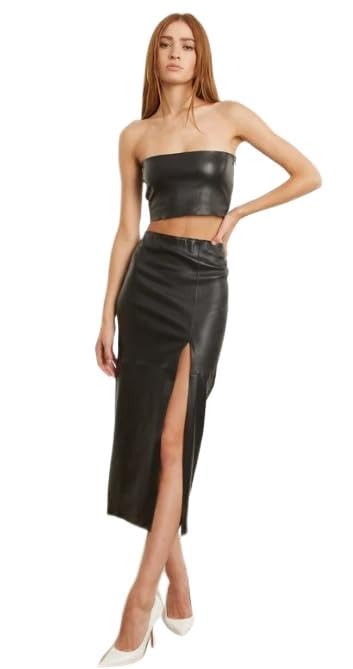 Stretch Leather High Slit Skirt for Women Black-picture-14