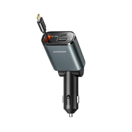 JR-CCL07 3'ü 1 Arada Geri Çekilebilir Araç Şarj Cihazı - Çift USB ve Tip-C Bağlantı Noktaları, Hızlı Şarj, Yerden Tasarruflu Tasarım, Akıllı Telefonlar ve Tabletlerle Uyumlu - Koyu Gri