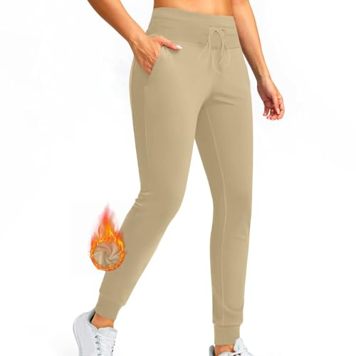 XUNRYAN Women's Fleece Lined Thermal Leggings Warm Winter Tights High Waisted Yoga Pants Cold Weather Joggers with Pockets Beige