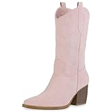  VAN HILL Damen Stiefel Cowboystiefel Stickereien Schuhe Spitze Western Boots Holzoptikabsatz Freizeitstiefel 212247 Altrosa 38