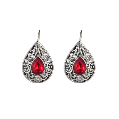 Emsione Vintage Antique Teardrop Red Zirconia Flower Studs Dangle Earrings Party Jewelry Birthday for Mum Men
