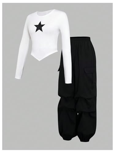 Image of RoseSeek Girl's 2 Piece Outfits Long Sleeve Asymmetrical Star Graphic Tees and Cargo Pants Casual Fall Clothes Black and White 11Y