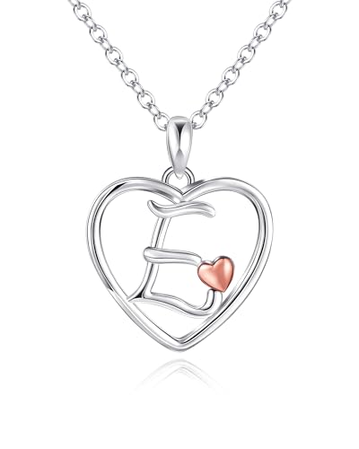 Image of Mesovor Initial Heart Necklaces for Women, Sterling Silver Necklace with Rose Gold Heart | Personalized Jewelry Gifts for Mother Wife Daughter Sister (Letter-E)