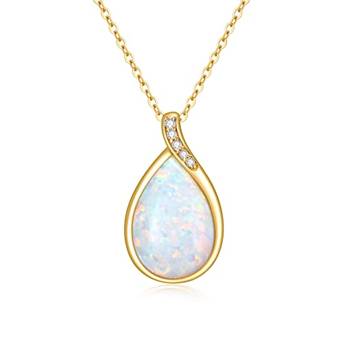 YDD 14k Solid Gold White Opal Necklace for Women Dainty Teardrop Pendant Opal with Genuine Diamond Necklace October Birthstone Pear-Shape Opal Jewelry Gifts for Her 16